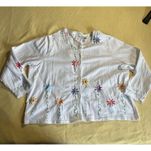 Michael Simon Cardigan 2X White Flower Embroidered Button Up - Picture 1 of 7